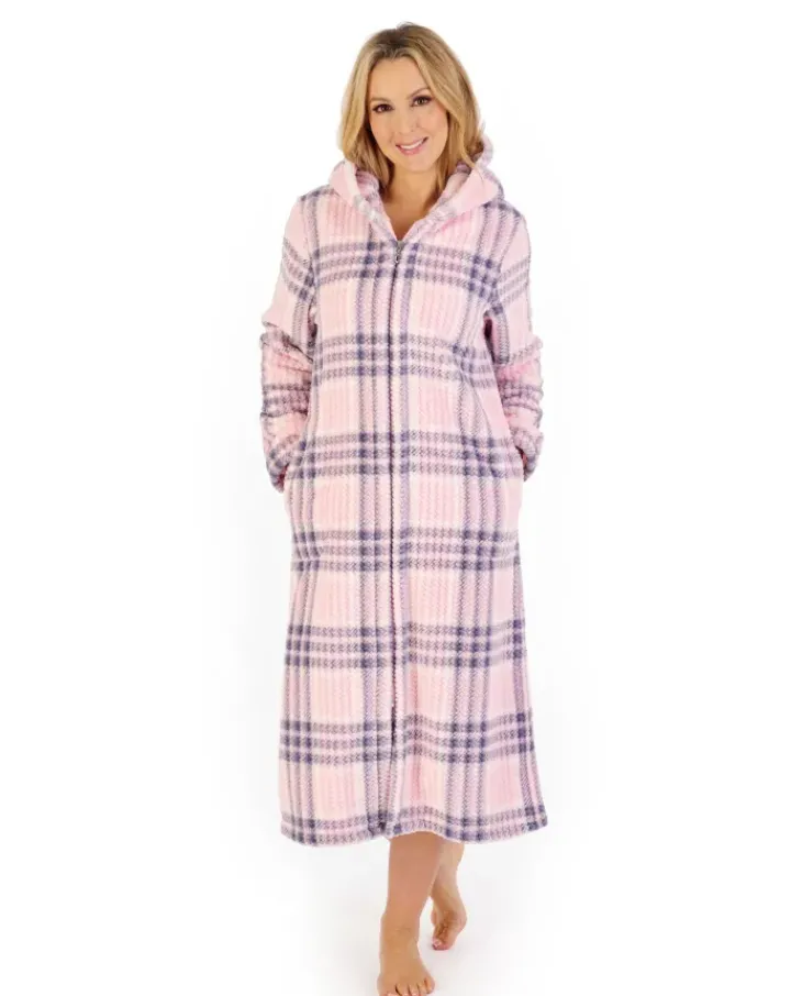 Check Print Waffle 46" Hooded Zip Housecoat HC06331