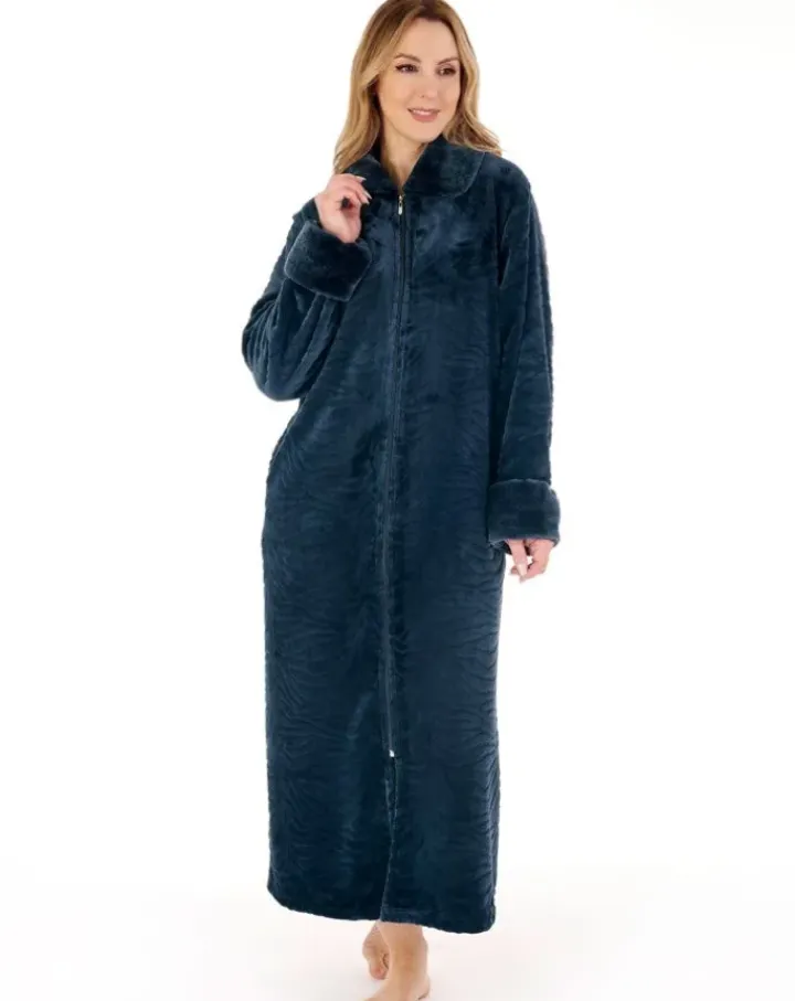 Zebra Inspired Print Faux Fur 50" Zip Housecoat HC88337